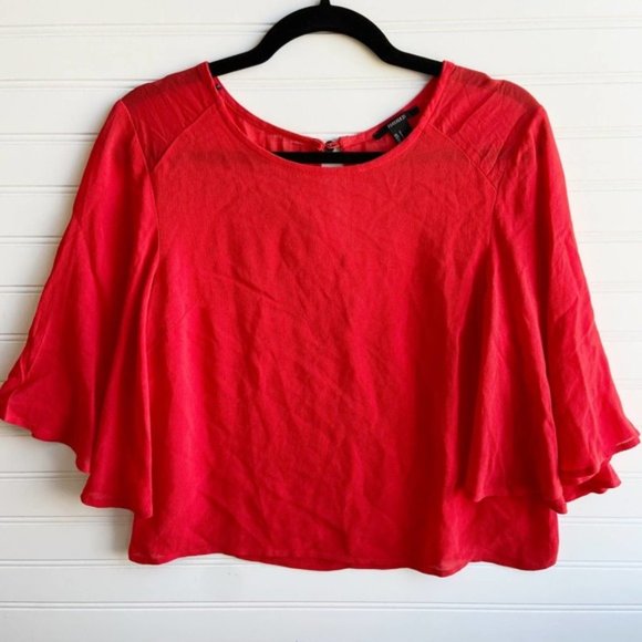 Tops - Forever 21 Small Red Chiffon Flare Sleeve Keyhole Babydoll Blouse